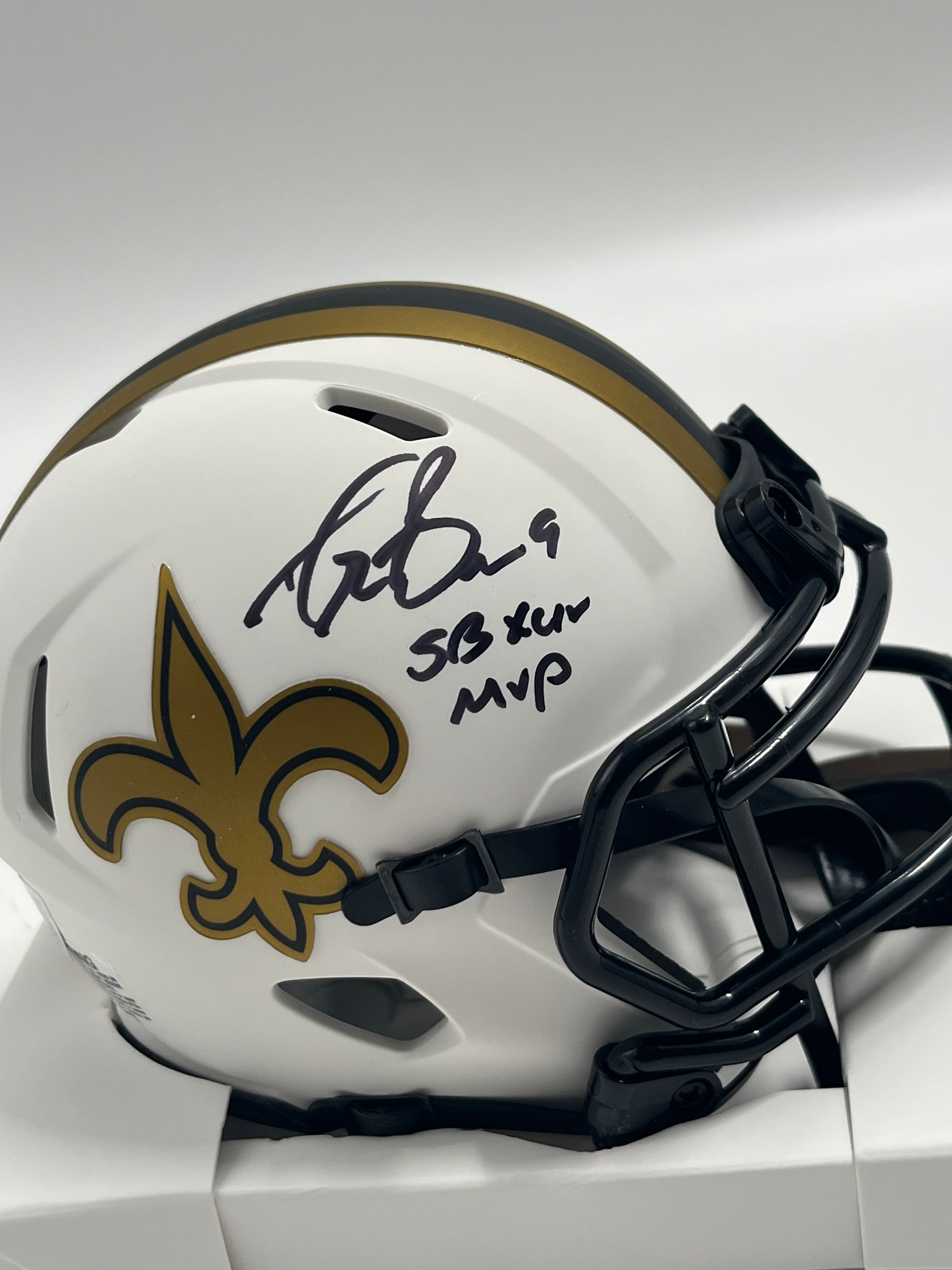 Drew Brees Signed Saints Lunar Eclipse Alternate Speed Mini Helmet Inscribed "SB XLIV MVP" (Beckett)