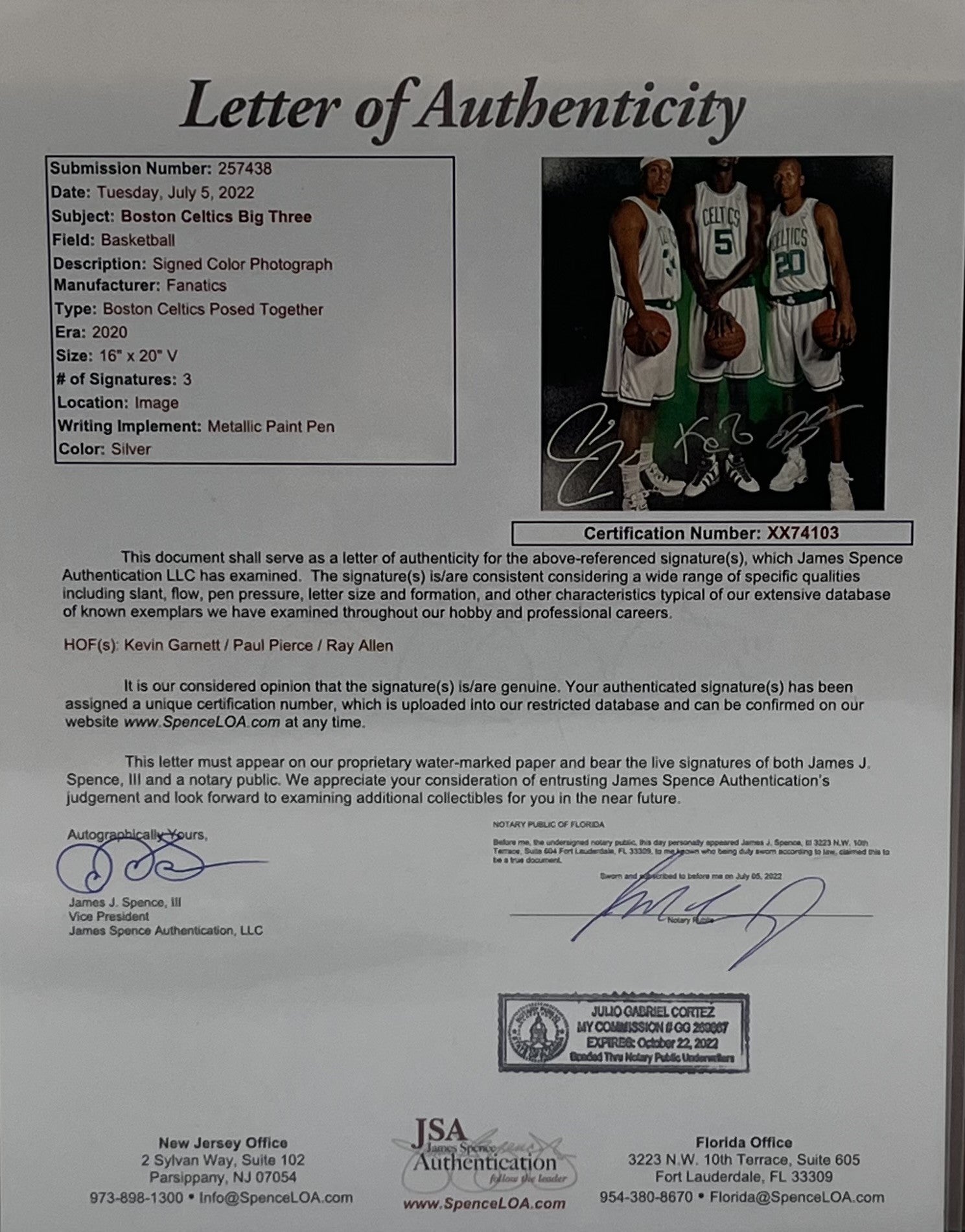 Boston Celtics signed by (3) 16x20 Photo (Fanatics & JSA)